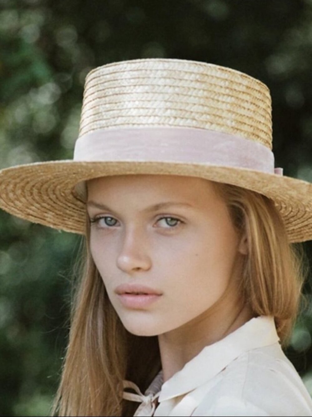 Lack of Color Boater Hat Natural Straw Pink Velvet Bow Wide Brim Summer